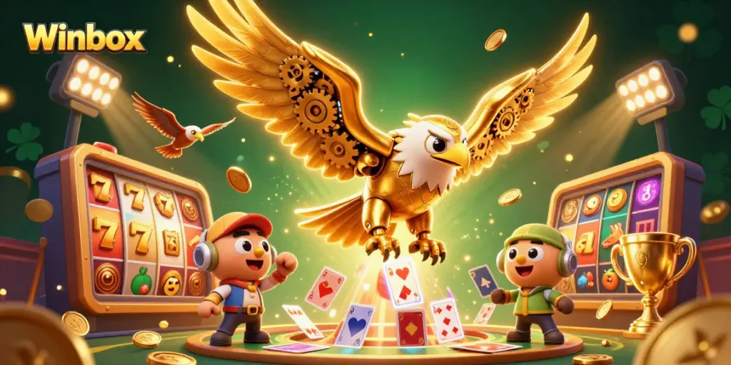 Winbox, the thrilling online casino experience, illustrated with vibrant slot reels and dynamic gaming elements.