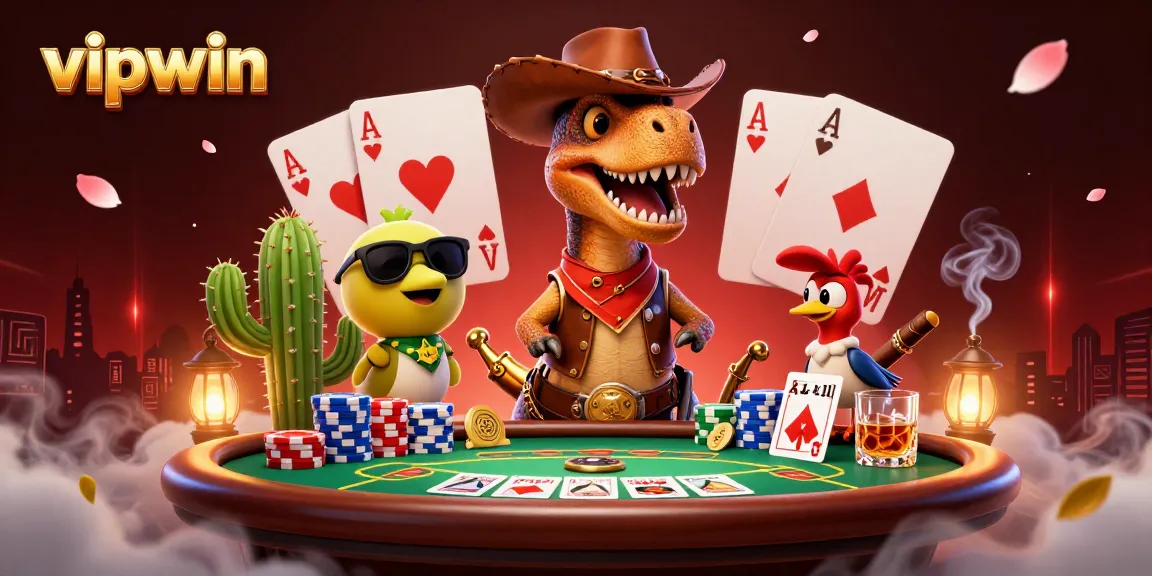 Engage in thrilling poker action at vipwin with vibrant characters and game elements surrounding the players.