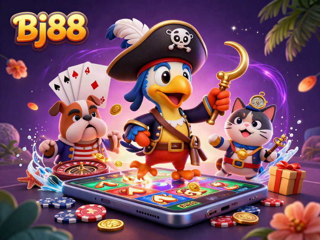 Engage with Bj88's vibrant casino action featuring a pirate parrot navigating slot games.