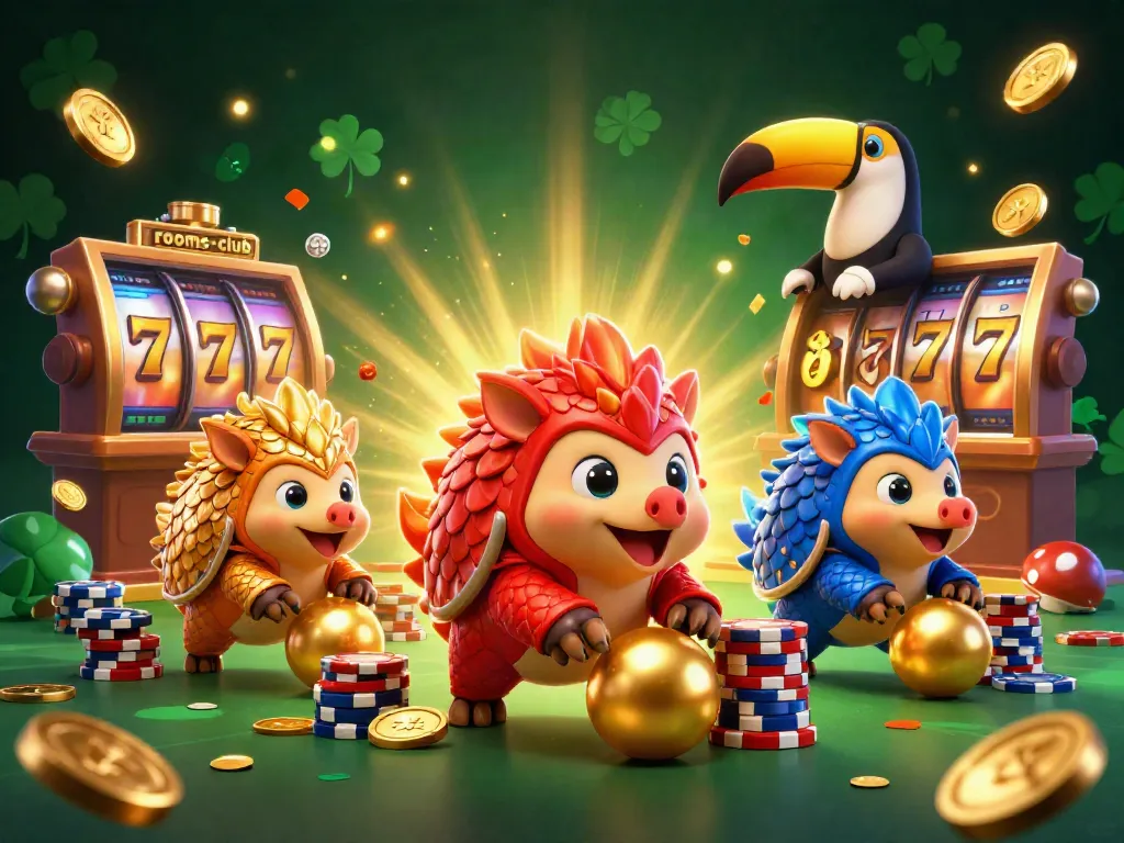 Rival pangolin di rooms-club bermain dengan slot dan cip poker, suasana kasino yang semarak.