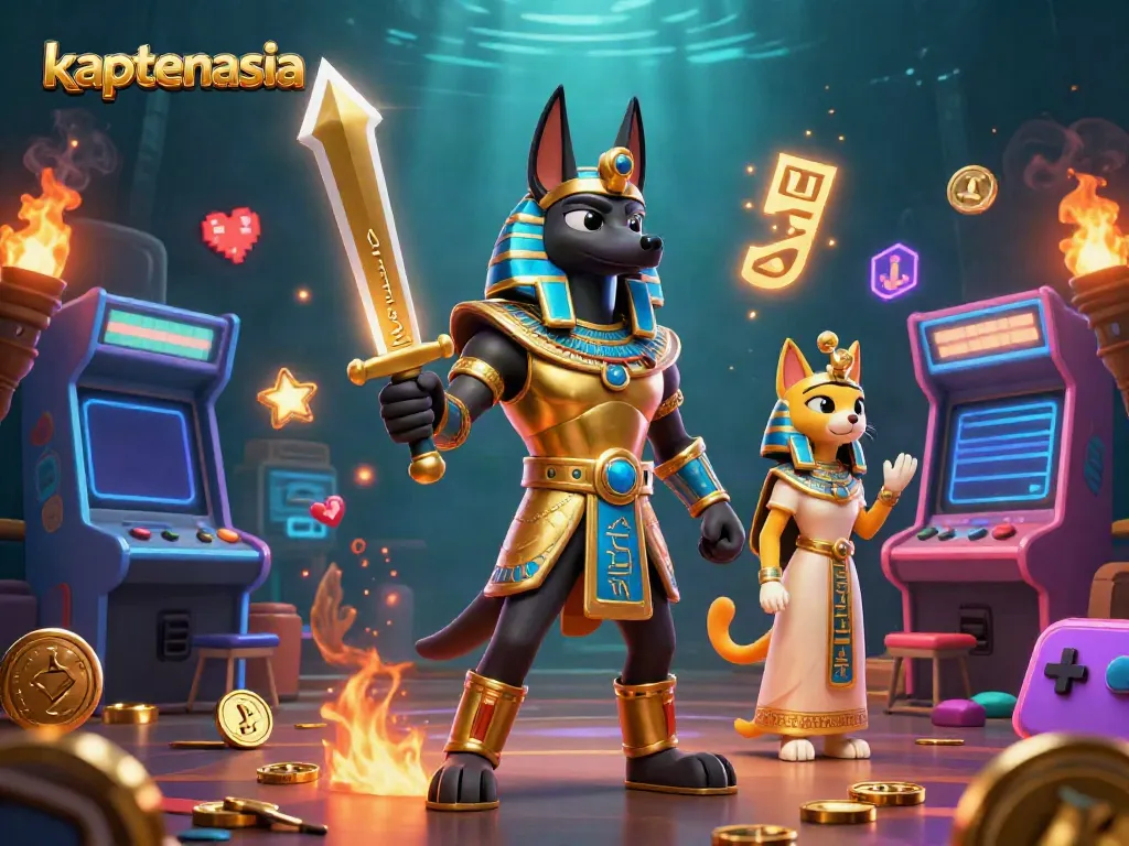 Permainan kasino yang menarik di KAPTENASIA dengan Anubis dan Bastet, faktor keberuntungan mengelilingi mesin game.