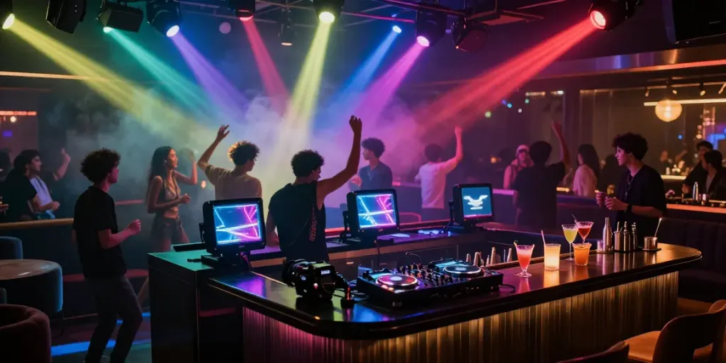 Suasana klub malam dengan DJ, pencahayaan warna-warni, dan pengunjung menari, menggambarkan tema bokep dengan semangat.