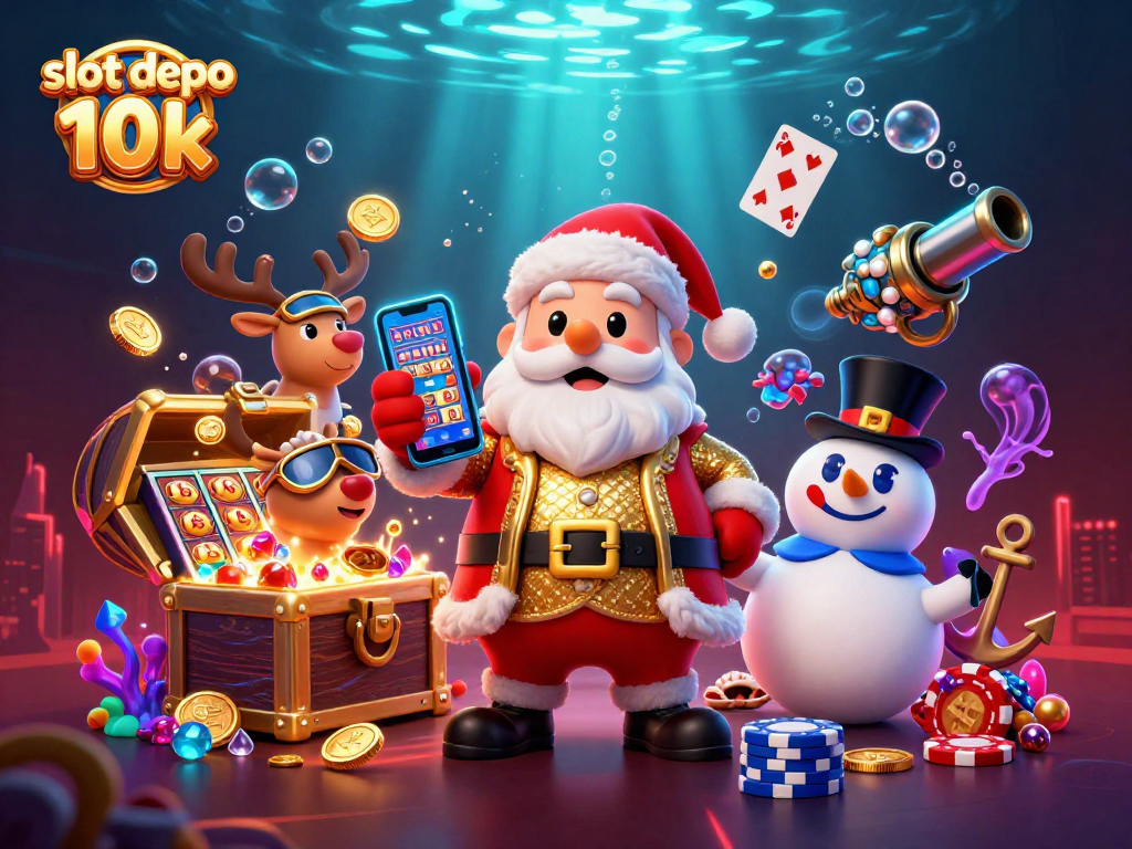 Spin slot depo 10k jackpots with Santa and friends in a vibrant casino scene