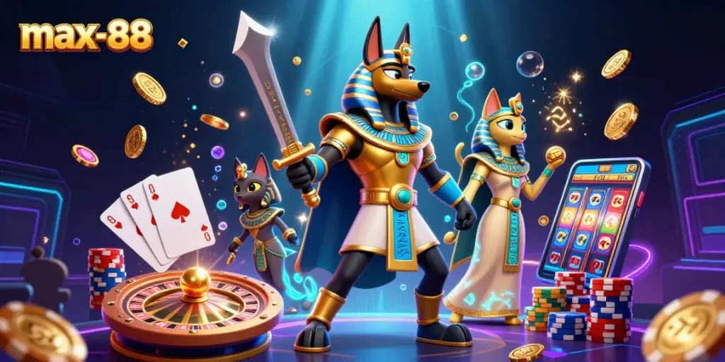 Play exciting games at max-88 with Anubis and Bastet amidst golden coins.