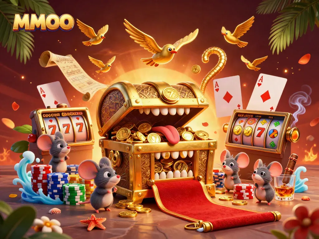Engage with MMOO's exciting world through vibrant 3D casino scenes, featuring treasure chests and slot games.