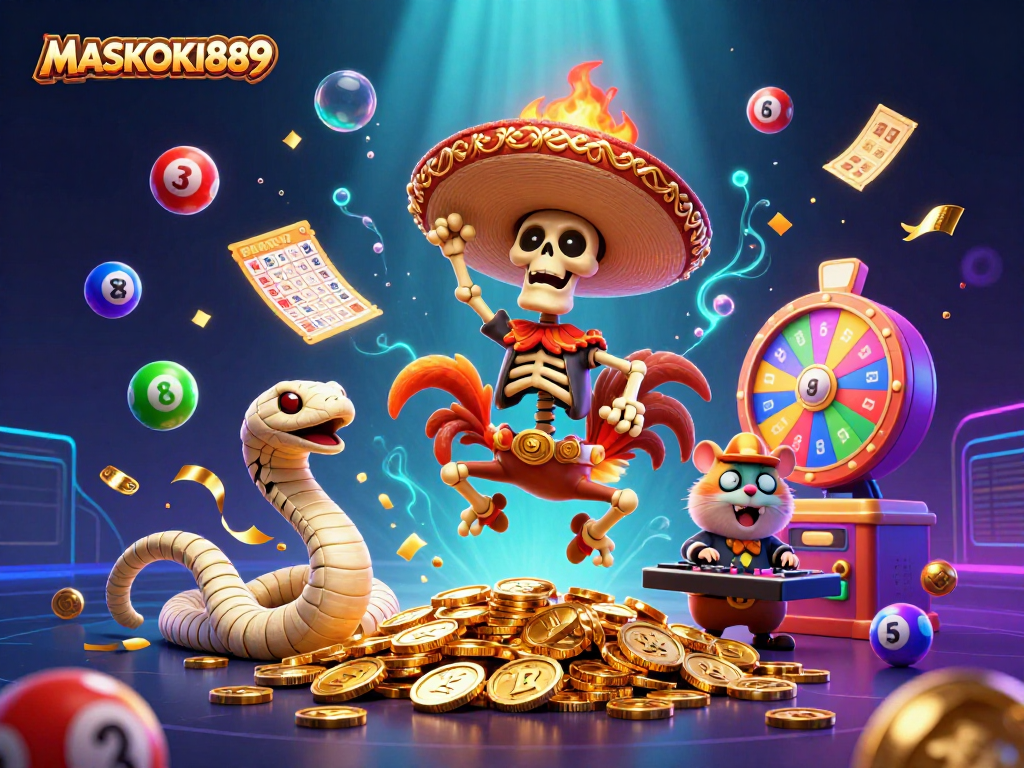 Experience the thrill of MASKOKI889 with a vibrant 3D illustration of a mariachi rooster and a DJ hamster in a dynamic casino setting.