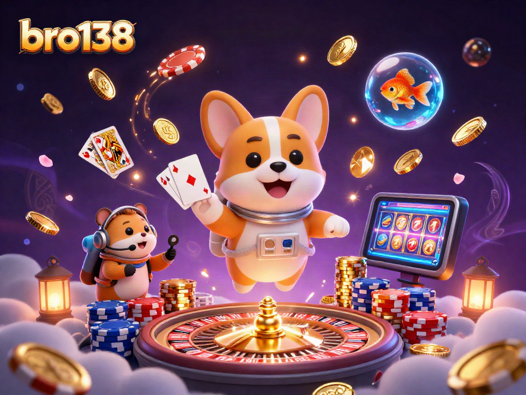 Spin in the vibrant space station casino bro138 with a floating corgi and colorful gaming elements.