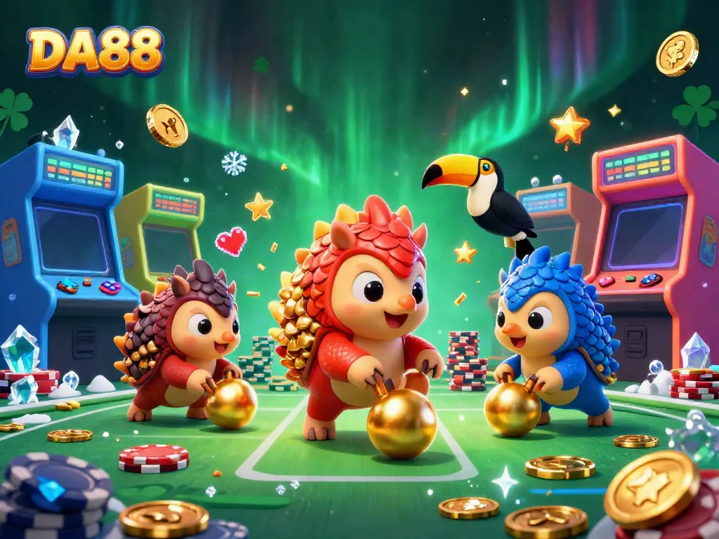 Engage with thrilling action in DA88 as rival pangolins roll through stacks of poker chips in a vibrant casino setting.