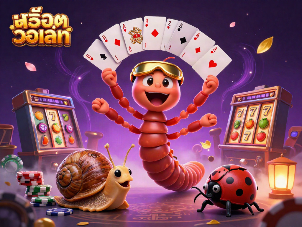 Experience excitement with สล็อตวอเลท in this colorful 3D illustration featuring a millipede dealer and high-roller snail.