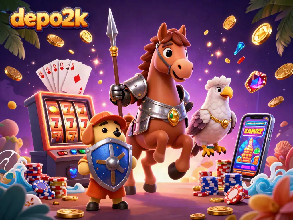 Experience thrilling gameplay with depo2k featuring a knight, puppy, and falcon amid slot machine excitement.