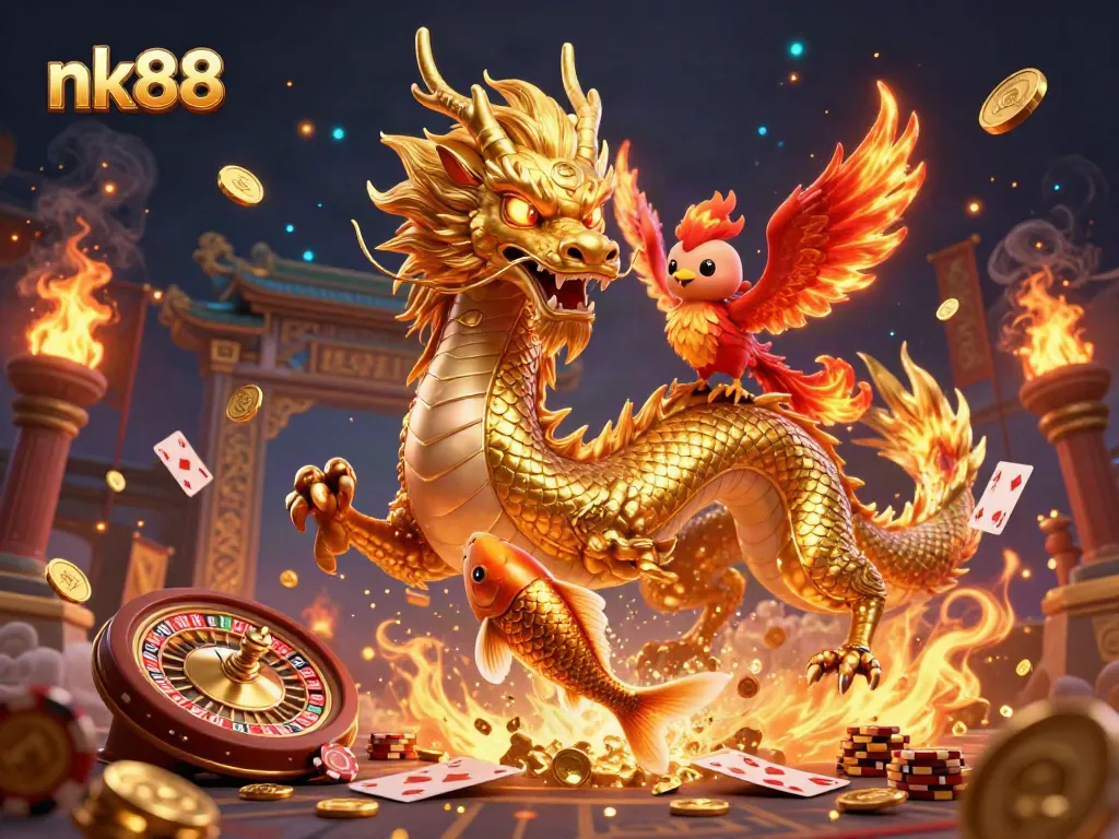 Experience thrilling gameplay at nk88 with a golden dragon, phoenix, and koi fish amidst vibrant casino elements.