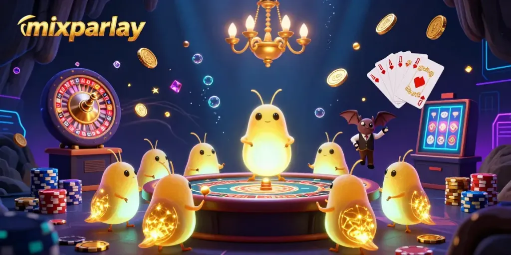 Experience the excitement of mixparlay betting with a vibrant cave casino illuminated by bioluminescent glowworms.