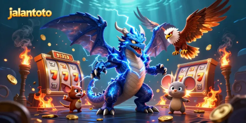 Jalantoto menghadirkan slot reels dan simbol keberuntungan dalam ilustrasi 3D menarik.