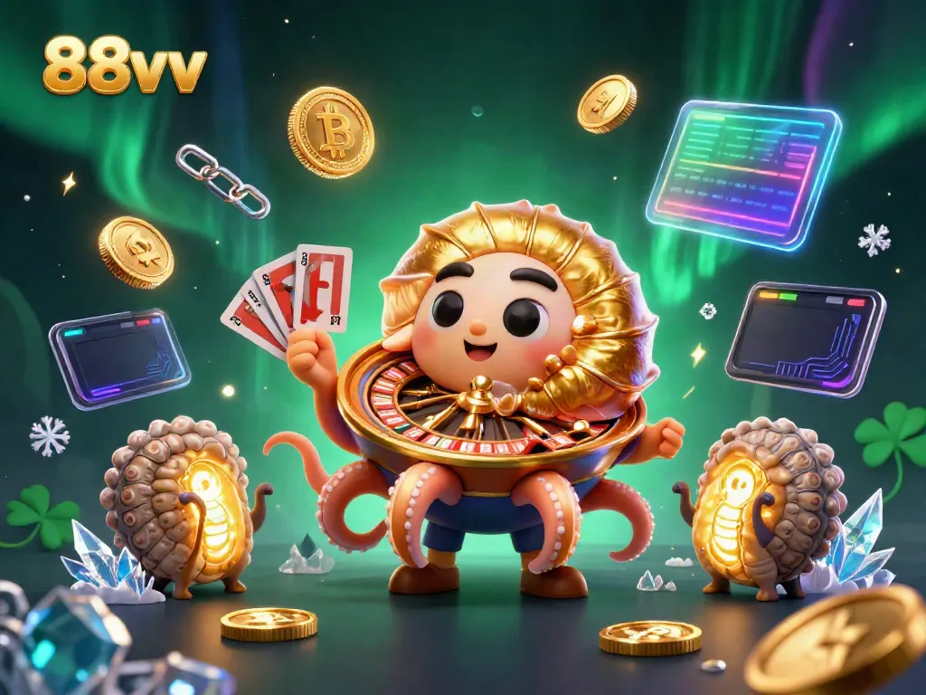 Engage in thrilling gameplay at 88vv with a dynamic casino scene featuring a giant nautilus roulette wheel, glowing gold elements, and cryptocurrencies.