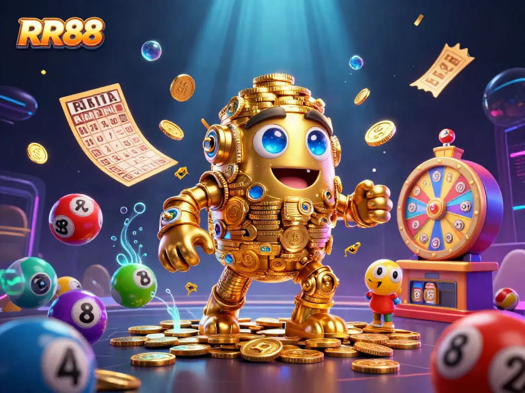 Experience the excitement of RR88 with a vibrant casino-themed illustration filled with golden elements.