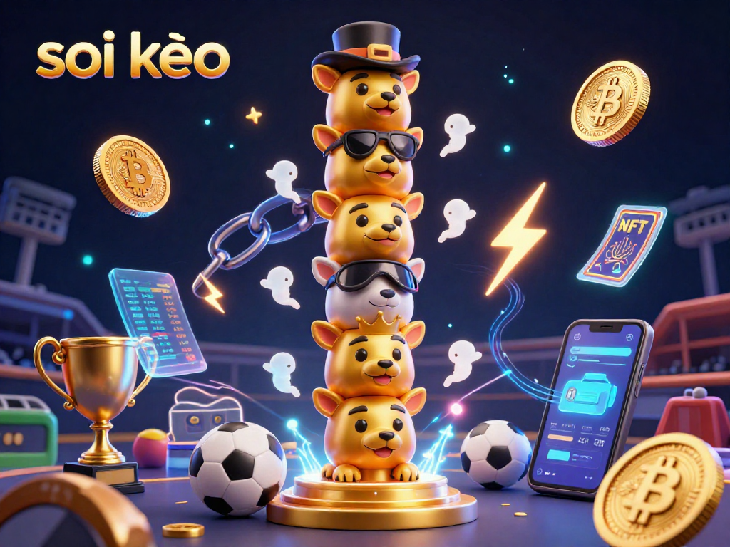 Engage with the thrilling world of soi kèo sports betting within a vibrant 3D illustration of a golden totem pole amidst neon crypto elements.
