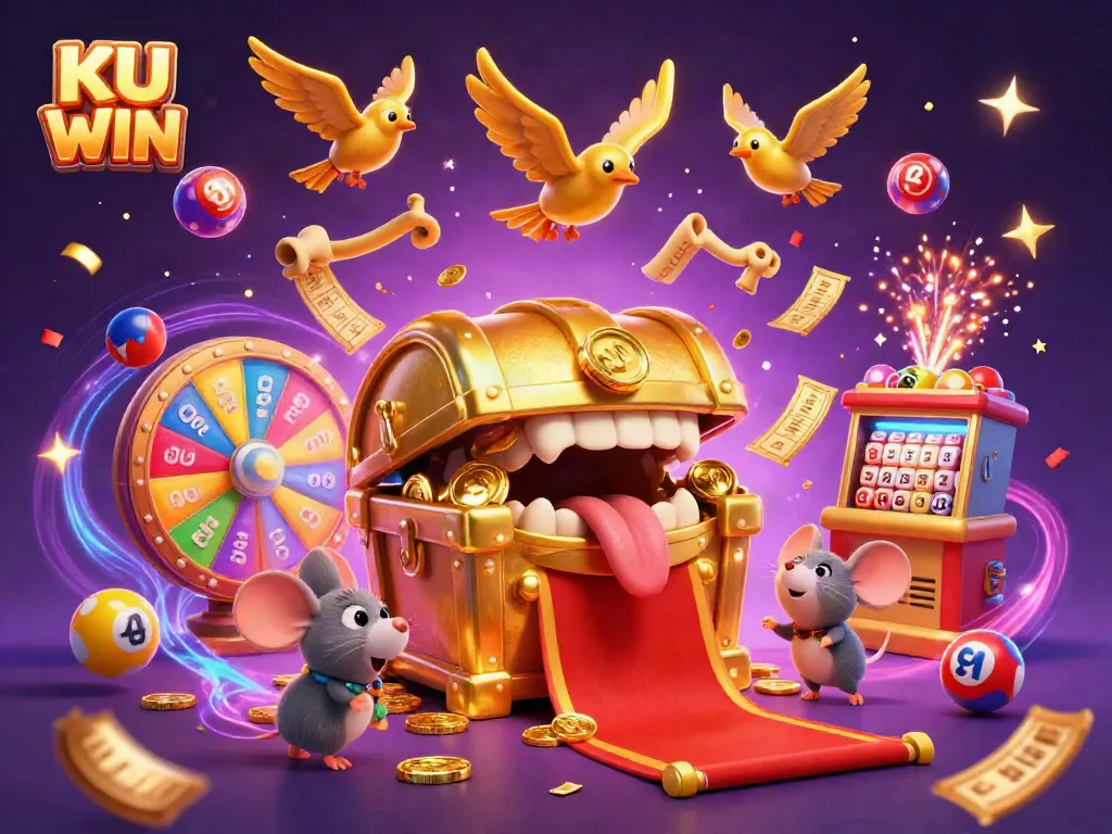 Engage in thrilling gambling adventures with KU WIN in a vibrant 3D casino scene filled with dynamic game elements.