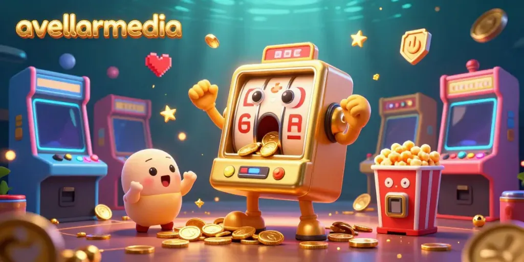Experience the thrill as avellarmedia's golden slot machine celebrates a jackpot amidst vibrant casino game elements.