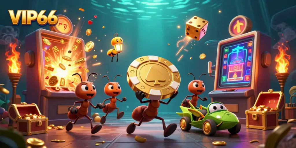 Experience the excitement of VIP66 with a heist of ants carrying a golden poker chip amid casino-themed elements.