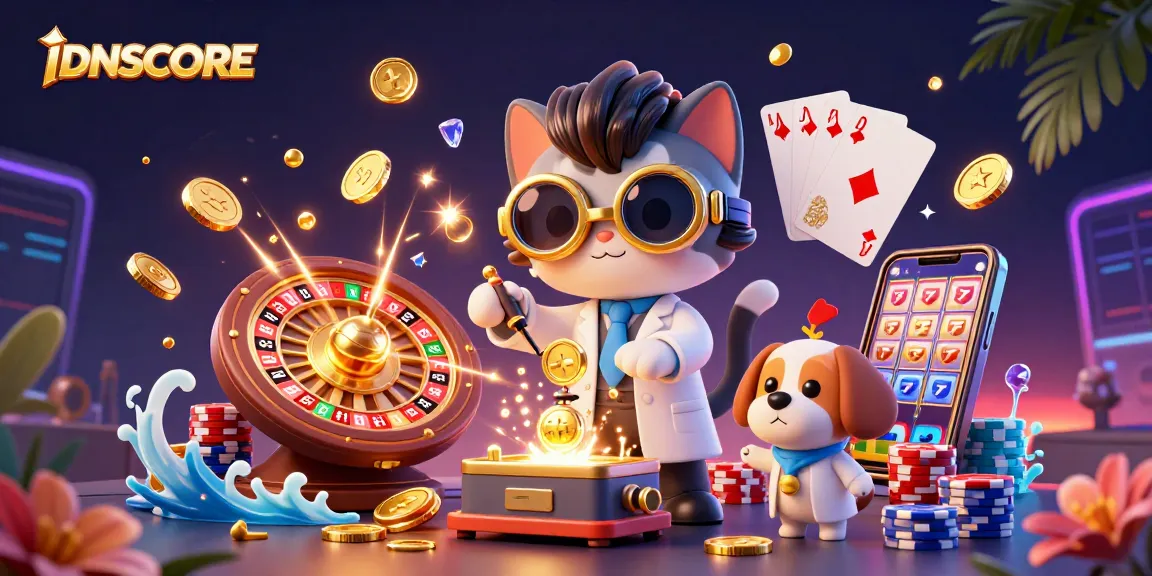 IDNSCORE showcases a vibrant casino scene with a mad scientist cat and dog creating winning games.