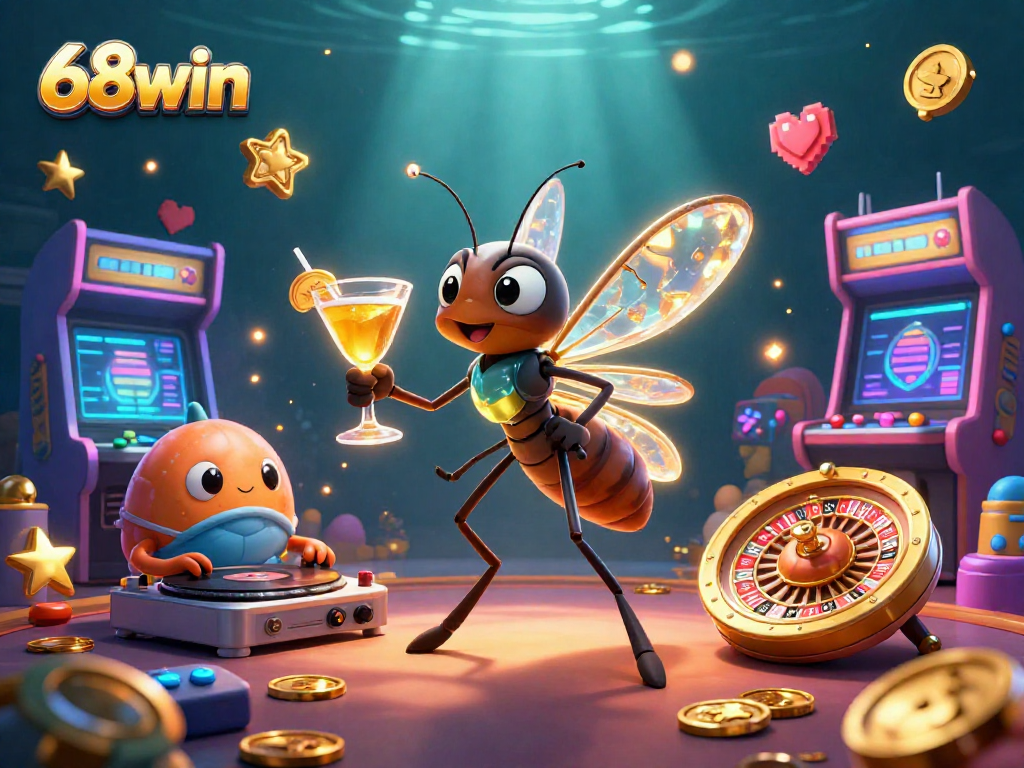 Experience the thrill of 68win with an engaging casino scene featuring animated characters and vibrant game elements.
