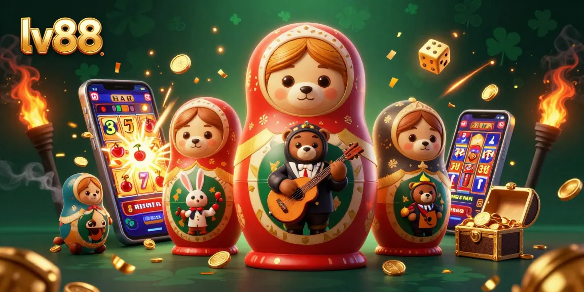 Spin the reels with lv88's vibrant gambling scene featuring playful bears and dynamic casino elements.