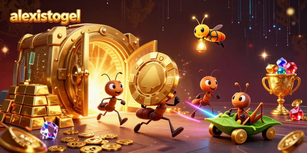 Semut-ant membawa chip poker emas dalam suasana kasino, simbol keberuntungan dan permainan di alexistogel.
