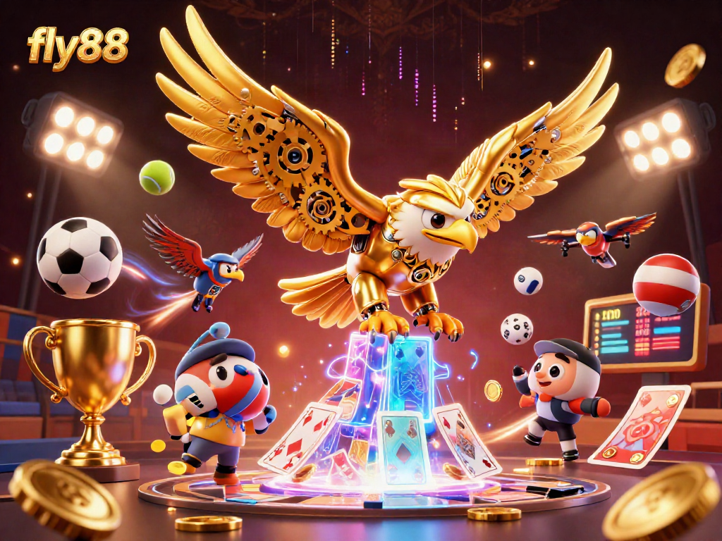Experience the excitement of fly88 as the golden eagle dives amidst dynamic sports betting elements.