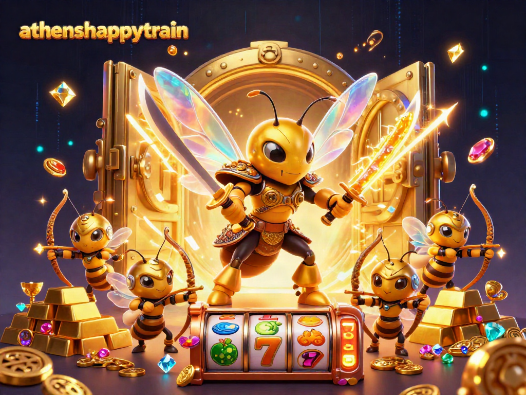 Engage in thrilling gameplay with athenshappytrain and colorful slot reels amidst a vibrant 3D casino scene.