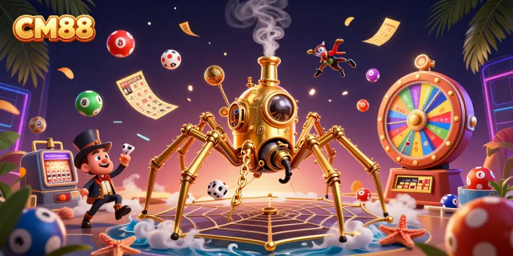 Catch thrilling moments at CM88 with vibrant lottery balls, golden prizes, and playful steampunk characters.