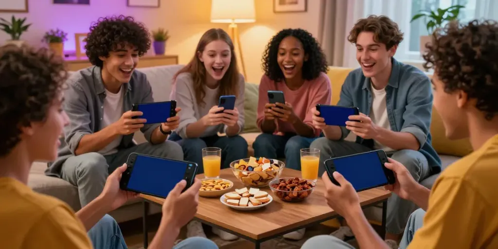 Friends enjoying the Yono Arcade mobile gaming app in a cozy setting.