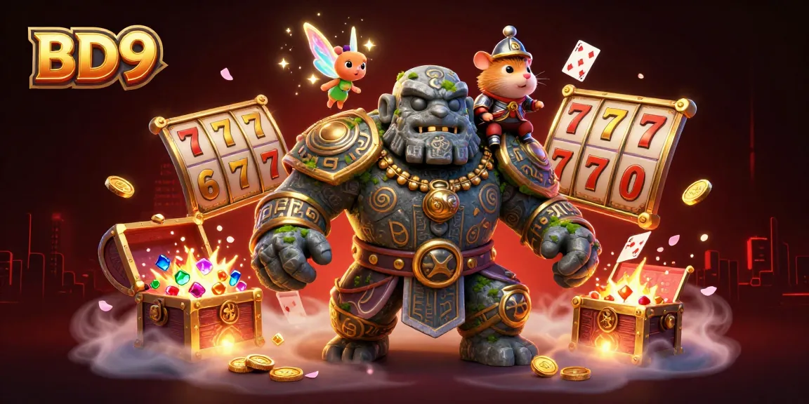 Experience captivating gameplay with BD9 as a golem guardian and a fairy conjure magic amidst vibrant casino elements.
