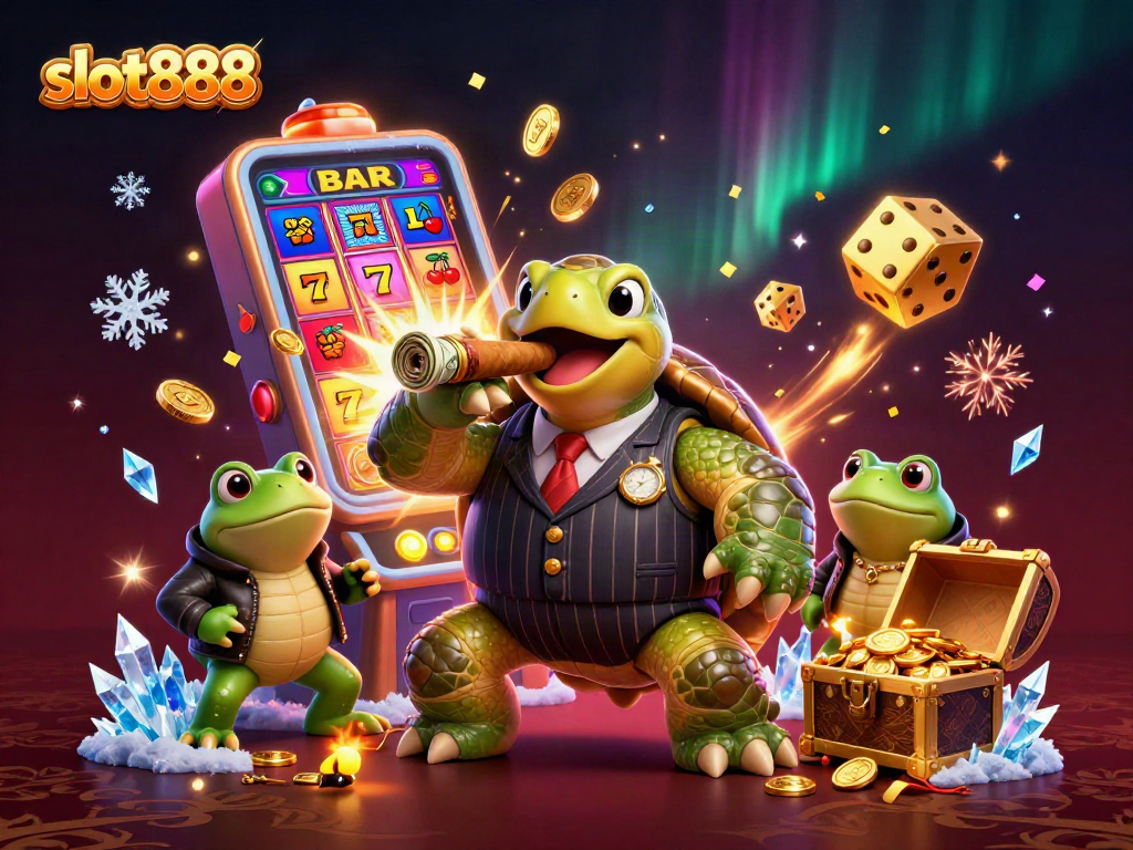 Slot888 menghadirkan suasana kasino yang meriah dengan karakter unik dan simbol slot yang menarik.