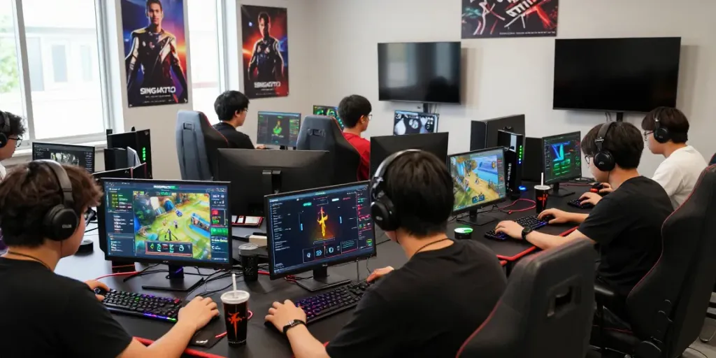 Engaged players experiencing SINGATOTO in a vibrant online gaming setup illuminated by LED lights.