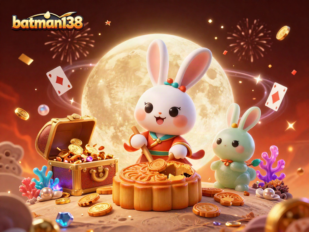Experience thrilling wins with batman138 while cartoon rabbits celebrate on the moon amidst colorful casino treasures.