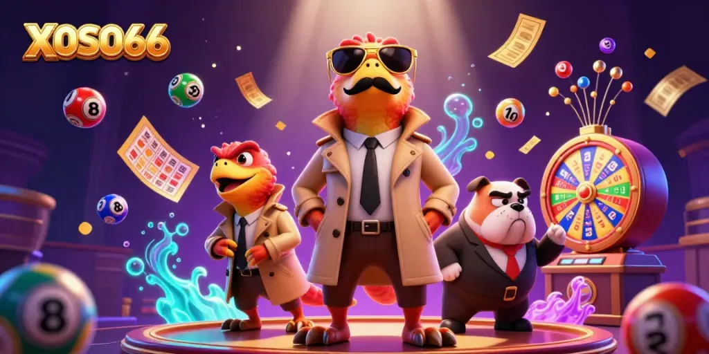 XOSO66 raptors attempt to enter a VIP casino, surrounded by lottery elements and vibrant colors.
