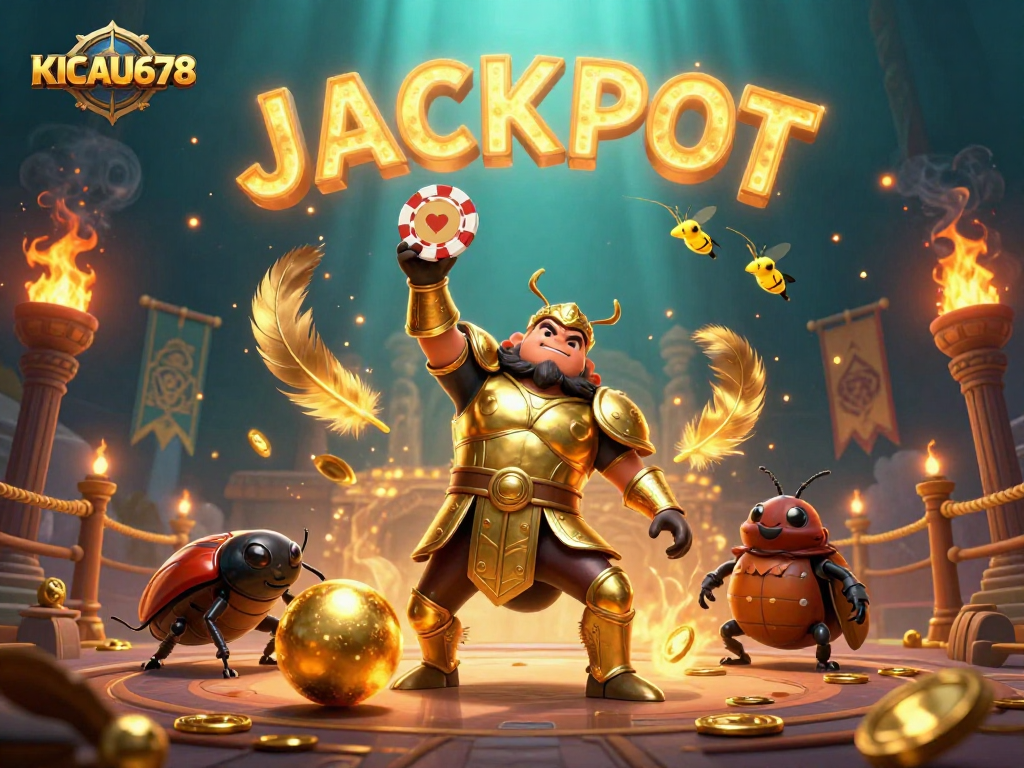 KICAU678 login access visualization showing a victorious beetle amidst golden casino elements.