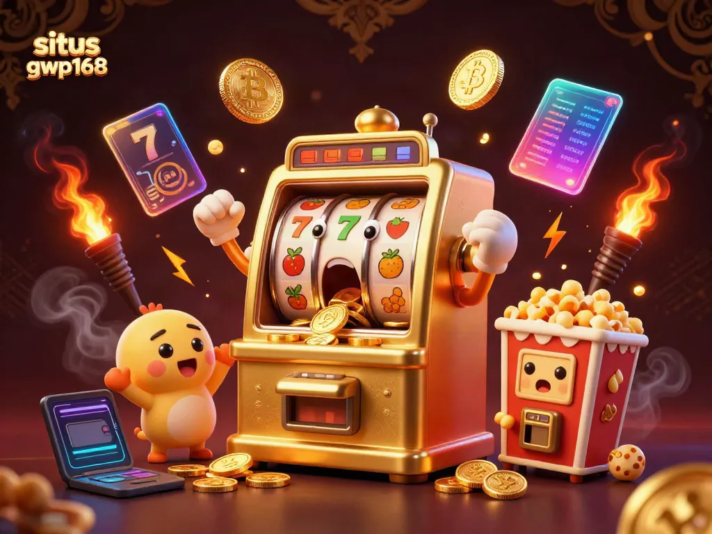 Mesin slot emas animasi menang jackpot di situs gwp168 dengan simbol buah dan koin berkilau.