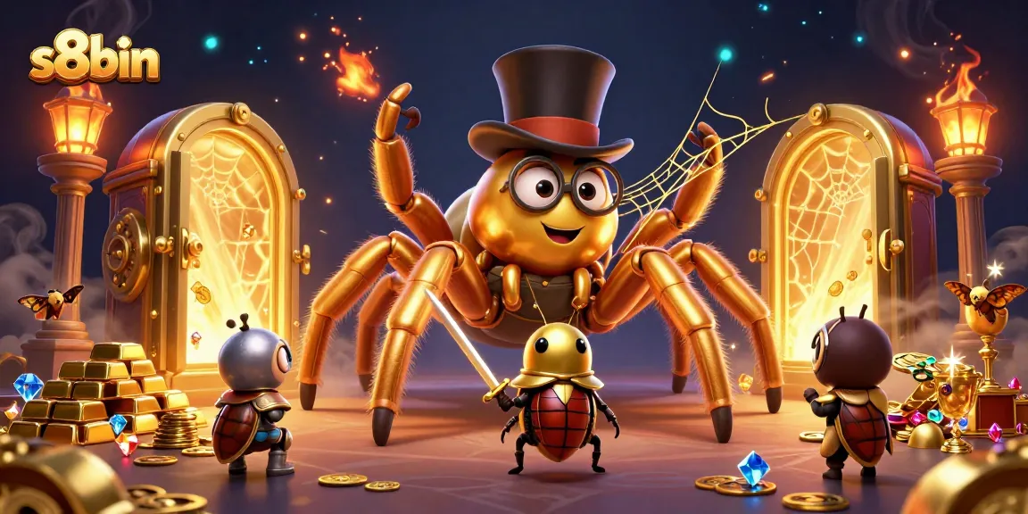 S8bin offers thrilling casino action with a golden spider weaving a web of rich rewards.