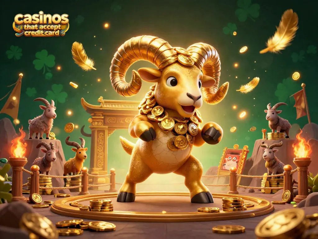 Experience the adventure at casinos that accept credit card with a golden ram charging through a dynamic gambling scene.