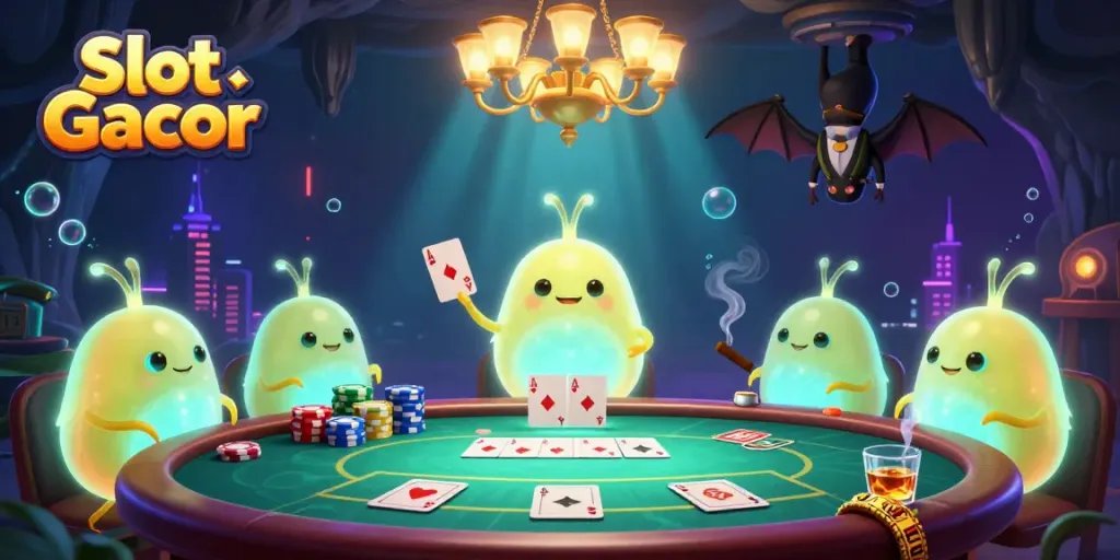 Slot Gacor scene with a glowworm team lighting a casino cave, featuring poker elements and vibrant colors.