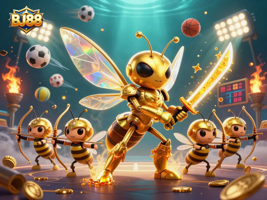 BJ88 showcases a vibrant 3D scene of gambling with sports elements and a golden hornet character.