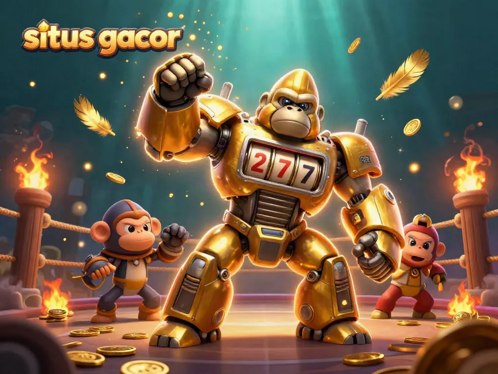 Experience the thrill of situs gacor with a dynamic 3D illustration showcasing a golden gorilla mech amidst vibrant casino elements.