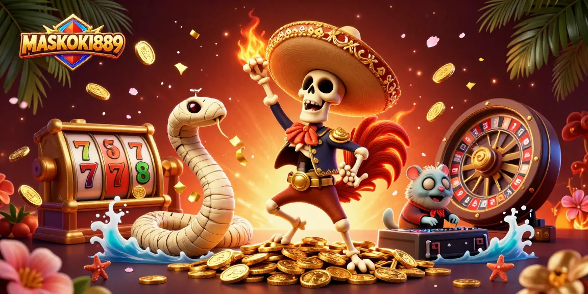 Experience thrilling gameplay with MASKOKI889 in a vibrant scene of animated characters celebrating among casino symbols.