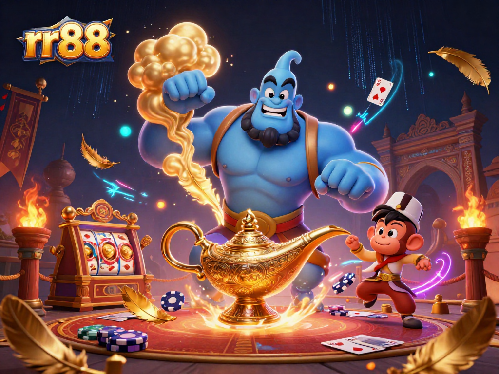 Engage with rr88's casino energy through a vibrant 3D illustration featuring genies and poker chips.