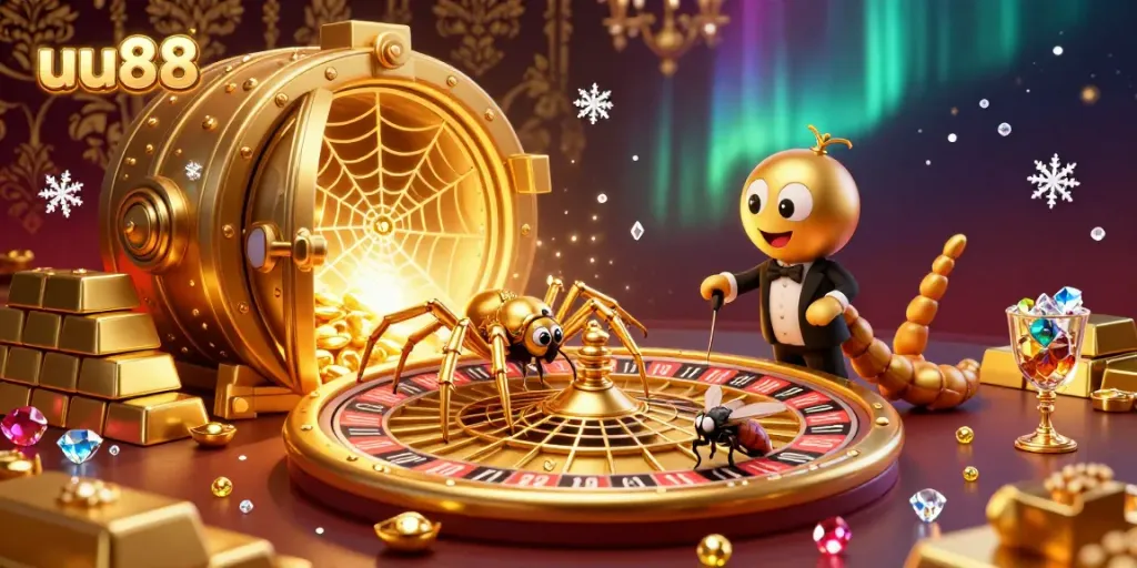 Experience exhilarating betting at uu88 with a 3D golden spider spinning a roulette wheel web.