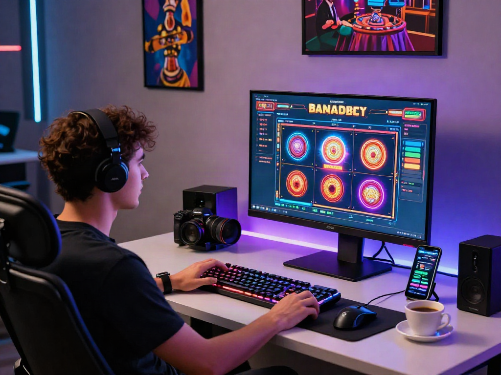 Excited player engaging with bandar slot game on ultra-wide screen.
