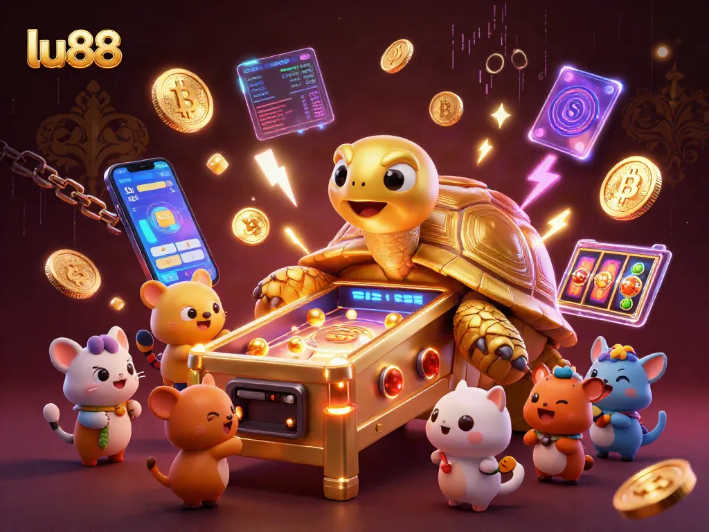 Experience thrilling action at lu88 with a vibrant 3D scene featuring a colossal golden tortoise and cryptocurrency elements.