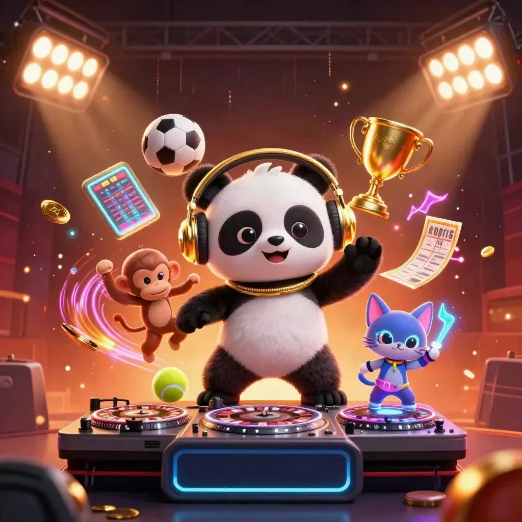 DJ panda, breakdancing monkey, and glow-stick kitten amid neon casino lights, balls, coins, and a trophy.