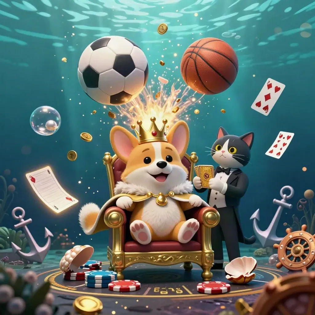 Royal corgi and cat butler in a treasure cove with coins, cards, balls, and glowing light.